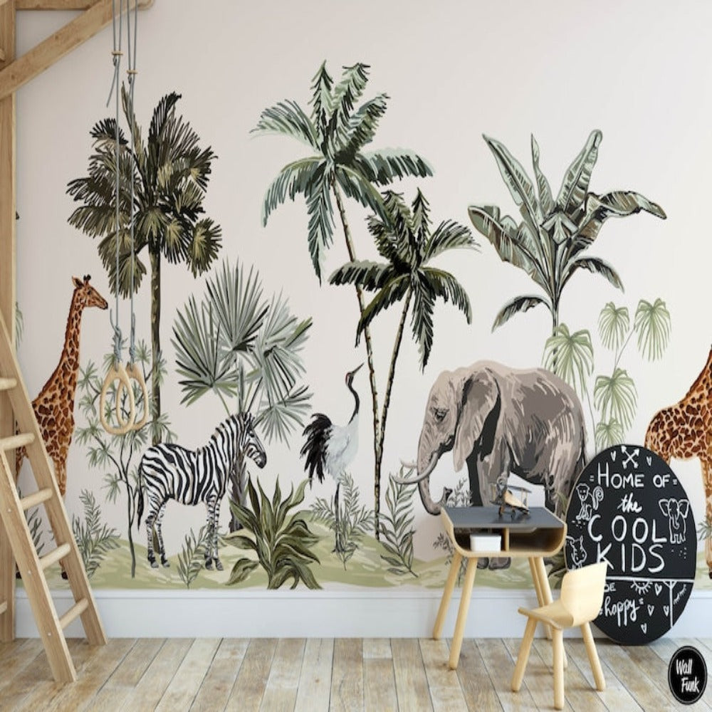 Papier peint jungle enfant  Palmier Girafe Éléphant – LePapierPeint