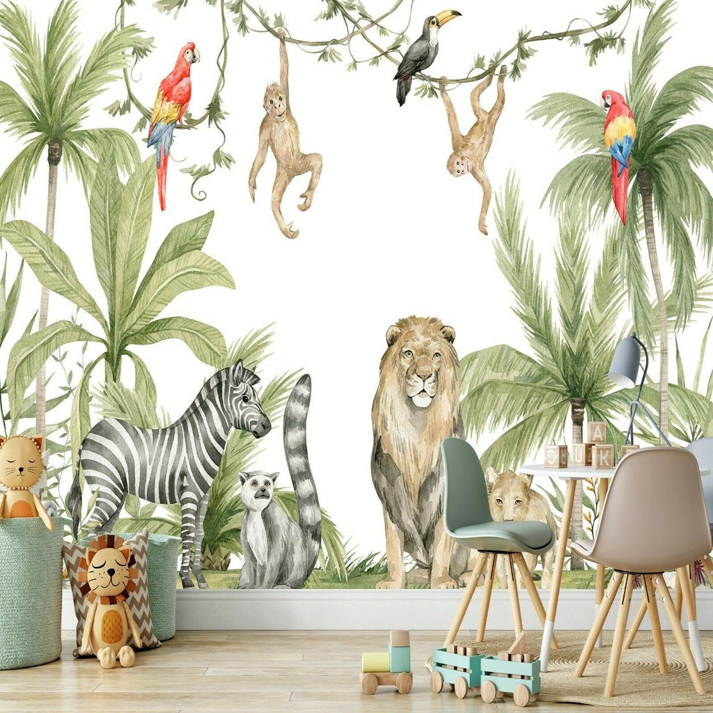 Papier Peint Adhésif Jungle 3D - Autocollant Mural Amovible Avec Animaux Romy - Décoration Facile