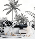 Papier Peint Jardin Tropical dans une chambre d'enfant minimaliste en tons monochromes avec un grand lapin en peluche blanc et des jouets en bois Illustration d'une scène tropicale avec des palmiers et des arbres exotiques, dessinée en noir et blanc avec des détails fins et des contours nets, dans un style linéaire et minimaliste.