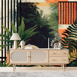 Tapisserie Tete De Lit Jungle dans un salon de style scandinave avec buffet en bois clair et décoration minimaliste. Illustration d'une scène contemporaine tropicale combinant forêt dense et plantes tropicales en premier plan, avec motifs géométriques et textures variées en arrière-plan.