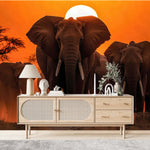 Papier Peint Jungle Safari dans un salon de style scandinave avec buffet en bois clair et décoration minimaliste. Illustration d'un groupe d'éléphants marchant au crépuscule avec un coucher de soleil rougeoyant en arrière-plan, et des arbres africains silhouettés contre un ciel orange.