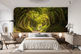 Tapisserie Murale Chemin Foret dans un intérieur de chambre moderne et minimaliste dans des tons naturels, lumière douce, mobilier élégant. Illustration d'un chemin forestier enchanteur bordé d'arbres formant une voûte naturelle, avec un sentier recouvert de feuilles et de mousse, dans un style réaliste.