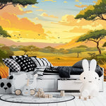 Tapisserie Safari Bebe dans une chambre d'enfant minimaliste en tons monochromes avec un grand lapin en peluche blanc et des jouets en bois Illustration d'un paysage de savane au coucher du soleil, avec des arbres acacias, des collines à l'horizon, un ciel parsemé de nuages roses et jaunes, et des oiseaux en vol dans un style de livre pour enfants.