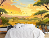 Tapisserie Safari Bebe dans une chambre à coucher apaisante avec lit blanc, table de chevet moderne, et plantes vertes. Illustration d'un paysage de savane au coucher du soleil, avec des arbres acacias, des collines à l'horizon, un ciel parsemé de nuages roses et jaunes, et des oiseaux en vol dans un style de livre pour enfants.