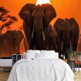 Papier Peint Jungle Safari dans une chambre à coucher apaisante avec lit blanc, table de chevet moderne, et plantes vertes. Illustration d'un groupe d'éléphants marchant au crépuscule avec un coucher de soleil rougeoyant en arrière-plan, et des arbres africains silhouettés contre un ciel orange.