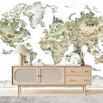 Papier Peint Mappemonde Animaux dans un salon de style scandinave avec buffet en bois clair et décoration minimaliste. Illustration d'une carte du monde en style aquarelle représentant des animaux spécifiques à chaque continent, comme des ours, des lions, des éléphants, des pingouins, et des dauphins, avec une palette de couleurs douce et apaisante.