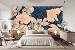 Tapisserie Tropicale Chambre Exotique dans un intérieur de chambre moderne et minimaliste dans des tons naturels, lumière douce, mobilier élégant. Illustration d'une scène florale abstraite avec des fleurs et des feuilles stylisées en tons pêche doux et bleus profonds sur un fond sombre.