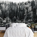 Tapisserie Foret Noir Et Blanc dans une chambre à coucher apaisante avec lit blanc, table de chevet moderne, et plantes vertes. Photographie en noir et blanc d'une forêt dense avec des arbres se reflétant dans un lac calme, entourés de brume légère.