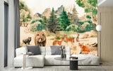 Papier Peint Panoramique Foret Enchantee Magique dans un intérieur moderne et luxueux avec un grand canapé sectionnel blanc, une table basse en verre, et des touches dorées. Illustration d'une scène forestière animée avec des animaux tels qu'un ours, un renard, des daims, des lapins et des écureuils parmi des arbres et des fleurs, avec des montagnes en arrière-plan, réalisée dans un style aquarelle.