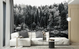 Tapisserie Foret Noir Et Blanc dans un intérieur moderne et luxueux avec un grand canapé sectionnel blanc, une table basse en verre, et des touches dorées. Photographie en noir et blanc d'une forêt dense avec des arbres se reflétant dans un lac calme, entourés de brume légère.