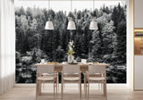 Tapisserie Foret Noir Et Blanc dans une salle à manger contemporaine avec table en bois naturel, chaises beiges et éclairage suspendu blanc. Photographie en noir et blanc d'une forêt dense avec des arbres se reflétant dans un lac calme, entourés de brume légère.